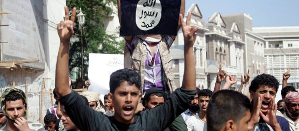 A protester holds up the flag of the Islamic State A protester holds up the flag of the Islamic State - Sputnik International