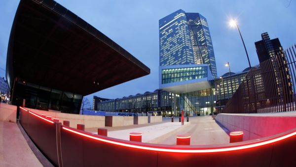 In this picture taken with a fisheye lens the new headquarters of the European Central Bank is photographed in Frankfurt, Germany . file photo - Sputnik International