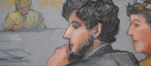 A courtroom sketch shows Boston Marathon bombing suspect Dzhokhar Tsarnaev (C) during the jury selection process in his trial at the federal courthouse in Boston, Massachusetts January 15, 2015 A courtroom sketch shows Boston Marathon bombing suspect Dzhokhar Tsarnaev (C) during the jury selection process in his trial at the federal courthouse in Boston, Massachusetts January 15, 2015 - Sputnik International