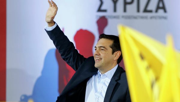 Opposition leader and head of radical leftist Syriza party, Alexis Tsipras waves at supporters during a campaign in central Athens, January 22, 2015 Opposition leader and head of radical leftist Syriza party, Alexis Tsipras waves at supporters during a campaign in central Athens, January 22, 2015 - Sputnik International