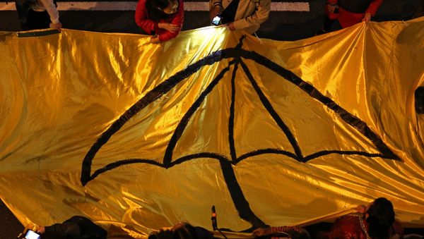 Protesters carry a long yellow banner during a march with an umbrella -- a recent symbol of Hong Kong's democracy movement Protesters carry a long yellow banner during a march with an umbrella -- a recent symbol of Hong Kong's democracy movement - Sputnik International