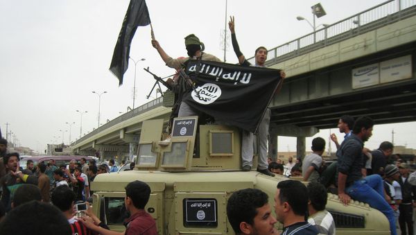 In this file photo, Islamic State group militants hold up their flag as they patrol in a commandeered Iraqi military vehicle in Fallujah, 40 miles (65 kilometers) west of Baghdad, Iraq - Sputnik International