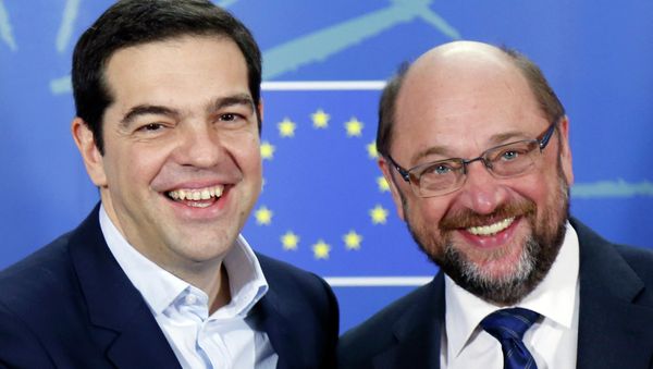 Greek Prime Minister Alexis Tsipras (L) poses with European Parliament President Martin Schulz ahead of a meeting at the EU Parliament in Brussels February 4, 2015 Greek Prime Minister Alexis Tsipras (L) poses with European Parliament President Martin Schulz ahead of a meeting at the EU Parliament in Brussels February 4, 2015 - Sputnik International