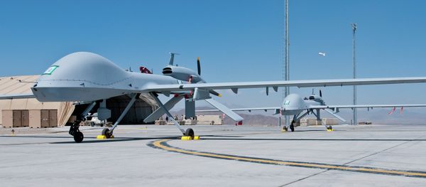 Two freshly assembled Grey Eagle unmanned aerial vehicles sit on the tarmac at Forward Operating Base Shan in Logar Province, Afghanistan April 11, 2012 Two freshly assembled Grey Eagle unmanned aerial vehicles sit on the tarmac at Forward Operating Base Shan in Logar Province, Afghanistan April 11, 2012 - Sputnik International