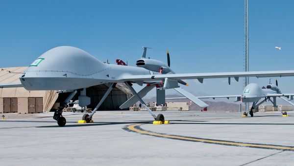Two freshly assembled Grey Eagle unmanned aerial vehicles sit on the tarmac at Forward Operating Base Shan in Logar Province, Afghanistan April 11, 2012 Two freshly assembled Grey Eagle unmanned aerial vehicles sit on the tarmac at Forward Operating Base Shan in Logar Province, Afghanistan April 11, 2012 - Sputnik International