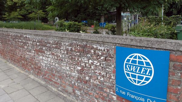 The SWIFT logo at their headquarters in Brussels. File photo - Sputnik International