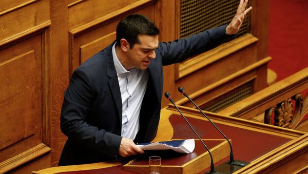 Greek Prime Minister Alexis Tsipras waves to lawmakers following his first major speech in parliament in Athens February 8, 2015 Greek Prime Minister Alexis Tsipras waves to lawmakers following his first major speech in parliament in Athens February 8, 2015 - Sputnik International