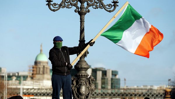 A demonstrator waves the national flag as people gather to protest against austerity policies and increases in water bills, according to local media, in central Dublin - Sputnik International