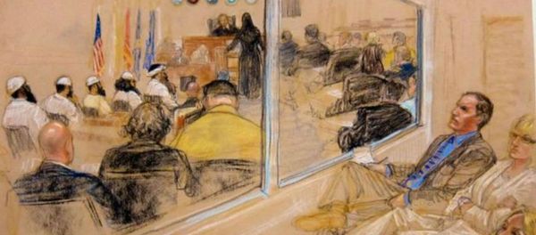 A courtroom drawing depicts the pre-trial hearing of the five alleged plotters in the September 11, 2001, attacks. A courtroom drawing depicts the pre-trial hearing of the five alleged plotters in the September 11, 2001, attacks. - Sputnik International