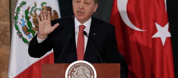 Turkey's President Tayyip Erdogan gives a speech to the media next to Mexico's President Enrique Pena Nieto (not pictured) during an official welcoming ceremony for Erdogan, at the National Palace in Mexico City February 12, 2015. - Sputnik International