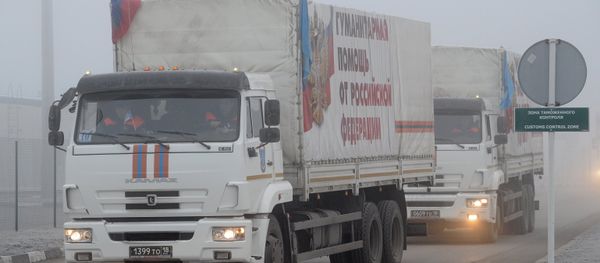Russia's 14th humanitarian aid convoy for southeast Ukraine at the Matveyev Kurgan border crossing checkpoint - Sputnik International