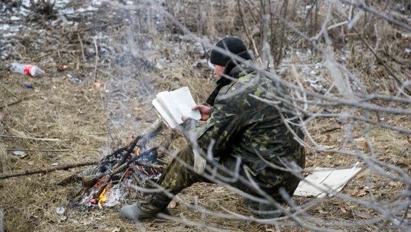 A Ukrainian serviceman reads a book as he warms himself by a camp fire in Svitlodarsk, approaching Debaltseve on February 15, 2015 A Ukrainian serviceman reads a book as he warms himself by a camp fire in Svitlodarsk, approaching Debaltseve on February 15, 2015 - Sputnik International