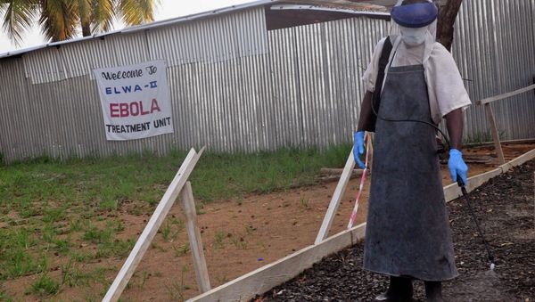 A health care worker sprays disinfectant outside a USAID, funded Ebola clinic in Monrovia, Liberia, Friday, Jan. 30, 2015 A health care worker sprays disinfectant outside a USAID, funded Ebola clinic in Monrovia, Liberia, Friday, Jan. 30, 2015 - Sputnik International