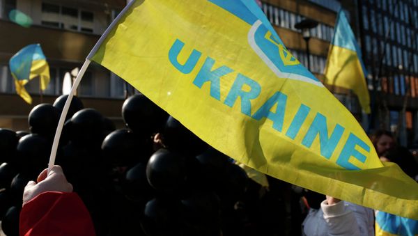 Demonstrator waves a Ukrainian flag Demonstrator waves a Ukrainian flag - Sputnik International