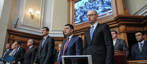 Ministers in the Government lodge during Ukraine's new parliament first session in Kiev. Right, foreground: Prime Minister Arseniy Yatsenyuk Ministers in the Government lodge during Ukraine's new parliament first session in Kiev. Right, foreground: Prime Minister Arseniy Yatsenyuk - Sputnik International