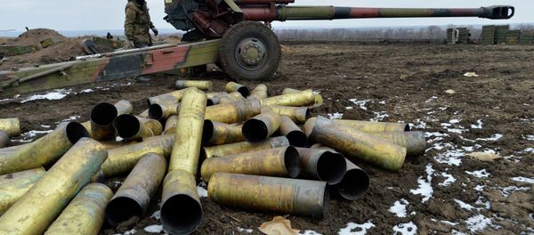 A member of the Ukrainian armed forces stands near a cannon, with shell cases seen in the foreground, at positions in Donetsk region, eastern Ukraine - Sputnik International