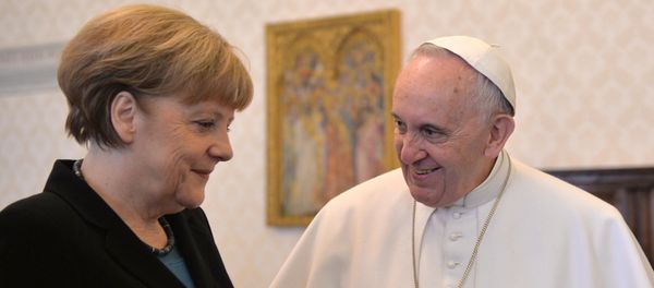 Pope Francis welcomes Angela Merkel, Chancellor of Germany, during a private audience in the pontiff's library, in the Vatican City Pope Francis welcomes Angela Merkel, Chancellor of Germany, during a private audience in the pontiff's library, in the Vatican City - Sputnik International