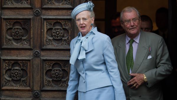 Danish royals Queen Margrethe II, left, and Prince Henrik leave after visiting St. Mark church in Zagreb, Croatia, Tuesday, Oct. 21, 2014 - Sputnik International