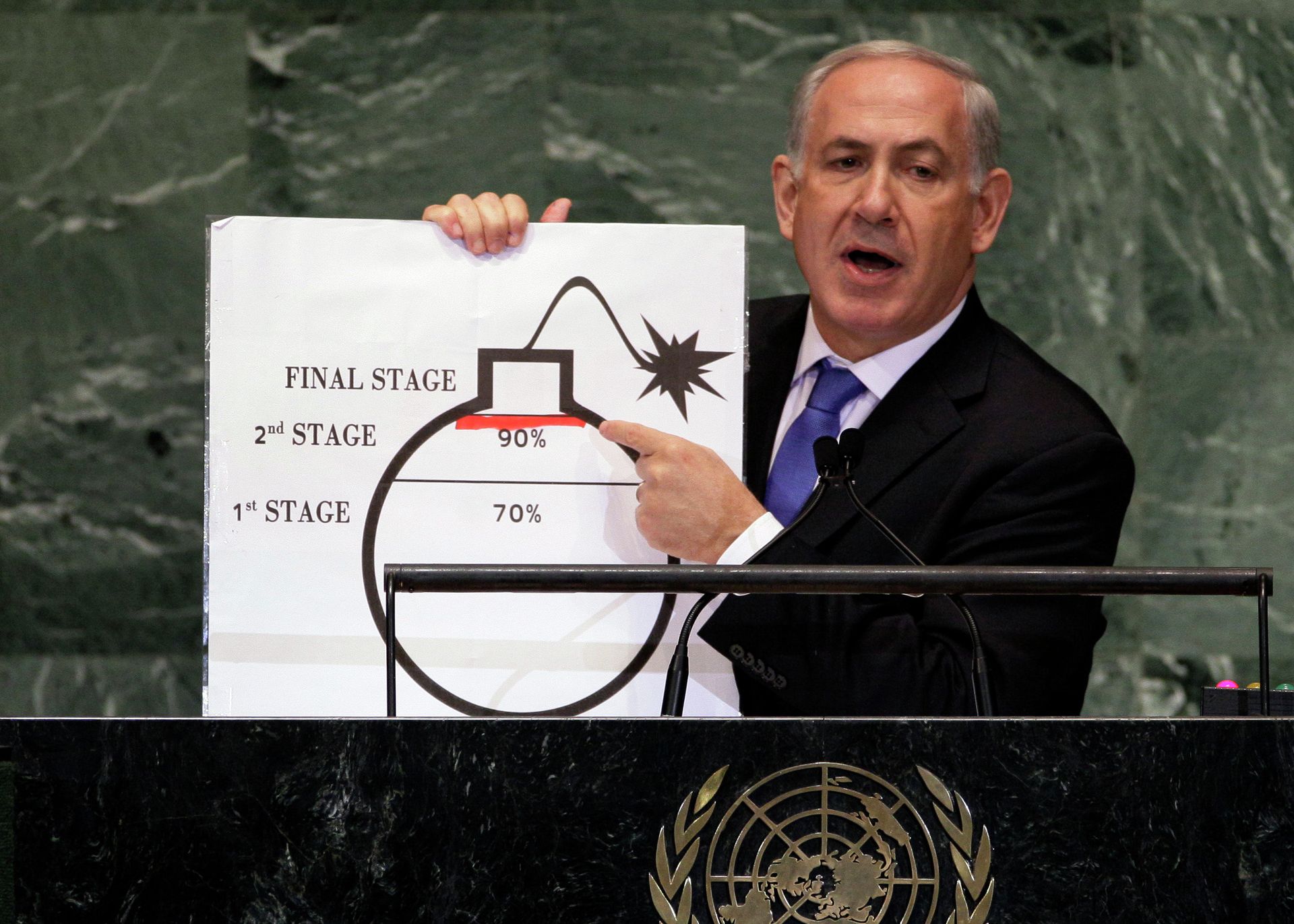 In Sept. 2012, Prime Minister Benjamin Netanyahu of Israel shows an illustration as he describes his concerns over Iran's nuclear ambitions during his address to the 67th session of the United Nations General Assembly at U.N. headquarters. In Sept. 2012, Prime Minister Benjamin Netanyahu of Israel shows an illustration as he describes his concerns over Iran's nuclear ambitions during his address to the 67th session of the United Nations General Assembly at U.N. headquarters. - Sputnik International, 1920, 07.09.2022