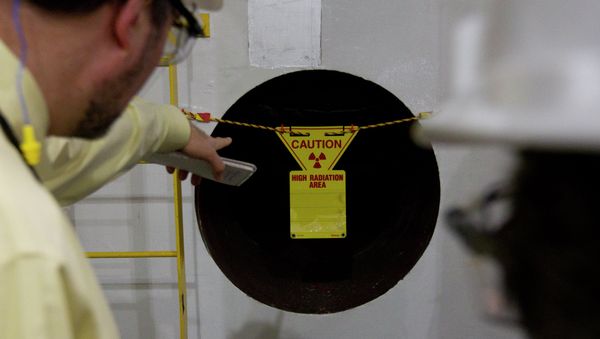 Reporters point to a hole in the wall with a radioactive warning on it near the containment vessel of the Unit 1 reactor during a tour of the Browns Ferry nuclear plant in Athens, Ala., Friday, March 25, 2011 - Sputnik International