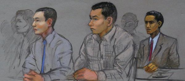 This courtroom sketch shows defendants Azamat Tazhayakov, left, Dias Kadyrbayev, center, and Robel Phillipos, right, college friends of Boston Marathon bombing suspect Dzhokhar Tsarnaev, during a hearing in federal court This courtroom sketch shows defendants Azamat Tazhayakov, left, Dias Kadyrbayev, center, and Robel Phillipos, right, college friends of Boston Marathon bombing suspect Dzhokhar Tsarnaev, during a hearing in federal court - Sputnik International