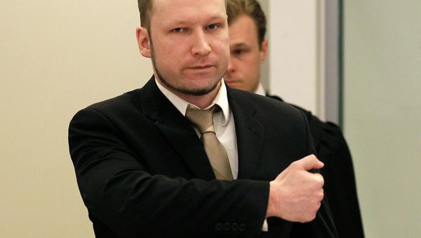 Accused Norwegian Anders Behring Breivik gestures as he arrives at the courtroom, in Oslo, Norway Accused Norwegian Anders Behring Breivik gestures as he arrives at the courtroom, in Oslo, Norway - Sputnik International