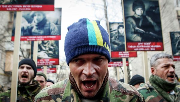 Activists of the Right Sector political party attend an anti-government march in Kiev February 25, 2015 Activists of the Right Sector political party attend an anti-government march in Kiev February 25, 2015 - Sputnik International