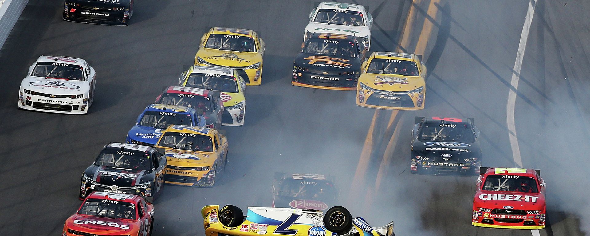 Regan Smith, driver of the #7 Hellmann's Chevrolet, flips over during an on-track incident during the NASCAR XFINITY Series Alert Today Florida 300 at Daytona International Speedway on February 21, 2015 in Daytona Beach, Florida Regan Smith, driver of the #7 Hellmann's Chevrolet, flips over during an on-track incident during the NASCAR XFINITY Series Alert Today Florida 300 at Daytona International Speedway on February 21, 2015 in Daytona Beach, Florida - Sputnik International, 1920, 20.12.2022