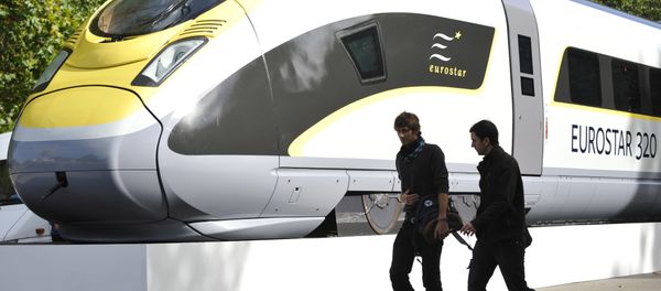 Pedestrians walk by a mock up of an Eurostar 320 high speed train in central London Pedestrians walk by a mock up of an Eurostar 320 high speed train in central London - Sputnik International