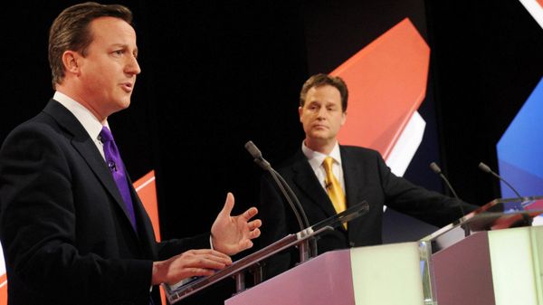 Conservative leader David Cameron, left, and Liberal Democrat Party leader Nick Clegg, centre, take part in Britain's second televised election debate in Bristol, England, Thursday, April 22, 2010. Conservative leader David Cameron, left, and Liberal Democrat Party leader Nick Clegg, centre, take part in Britain's second televised election debate in Bristol, England, Thursday, April 22, 2010. - Sputnik International