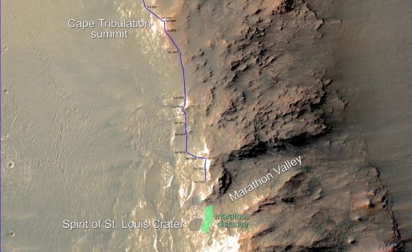 This map updates progress that NASA's Mars Exploration Rover Opportunity is making toward reaching a driving distance equivalent to a marathon footrace. It indicates the rover's position on March 5, 2015, relative to where it could surpass that distance. This map updates progress that NASA's Mars Exploration Rover Opportunity is making toward reaching a driving distance equivalent to a marathon footrace. It indicates the rover's position on March 5, 2015, relative to where it could surpass that distance. - Sputnik International
