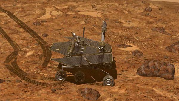 This artist's rendering provided by NASA shows of the Mars Rover, Opportunity, on the surface of Mars. Opportunity reached the rim of the Endeavour crater in August, 2011. This artist's rendering provided by NASA shows of the Mars Rover, Opportunity, on the surface of Mars. Opportunity reached the rim of the Endeavour crater in August, 2011. - Sputnik International