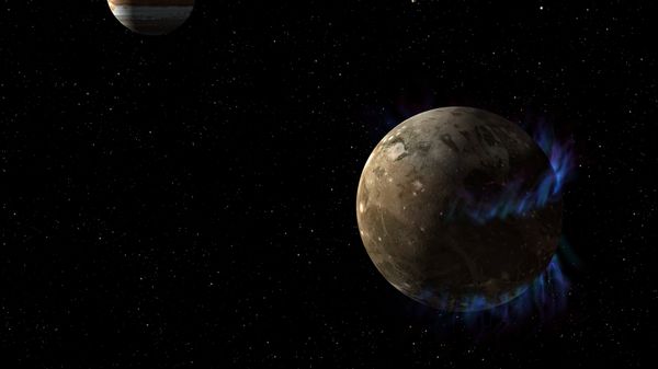 In this artist’s concept, the moon Ganymede orbits the giant planet Jupiter. NASA’s Hubble Space Telescope observed aurorae on the moon generated by Ganymede’s magnetic fields. - Sputnik International
