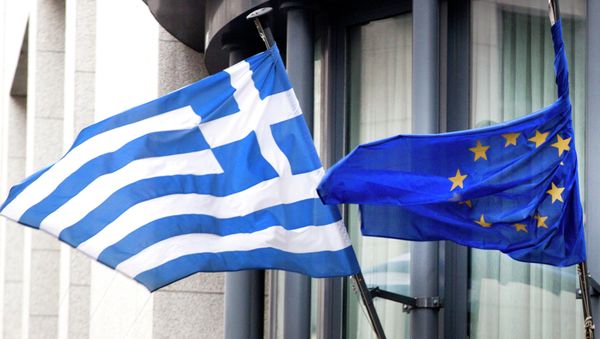 The Greek, left, and EU flag flap in the wind The Greek, left, and EU flag flap in the wind - Sputnik International