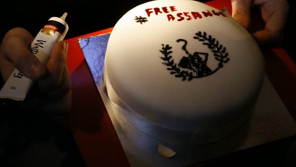 A supporter decorates a cake as he waits for Julian Assange, founder of WikiLeaks to speak to the media and members of the public from a balcony at the Ecuadorian Embassy in London. A supporter decorates a cake as he waits for Julian Assange, founder of WikiLeaks to speak to the media and members of the public from a balcony at the Ecuadorian Embassy in London. - Sputnik International