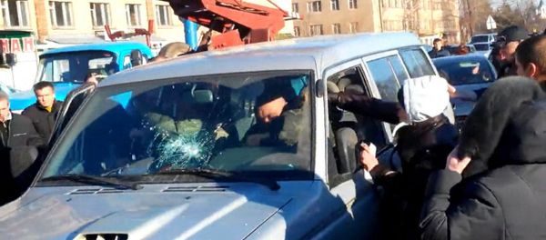 Residents of Kostiantynivka came to protest against Ukrainian army personnel stationed in the town, after two soldiers, driving an armored vehicle, hit a woman with two children on Monday Residents of Kostiantynivka came to protest against Ukrainian army personnel stationed in the town, after two soldiers, driving an armored vehicle, hit a woman with two children on Monday - Sputnik International