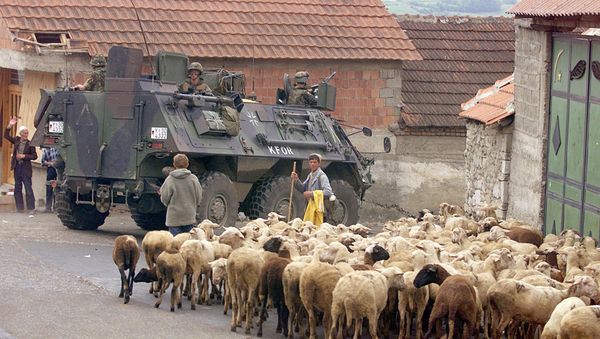 A German armoured vehicle part of the NATO-led KFOR troops drives past a herd of sheep 17 June 1999 in Orahovac, south western Kosovo. - Sputnik International