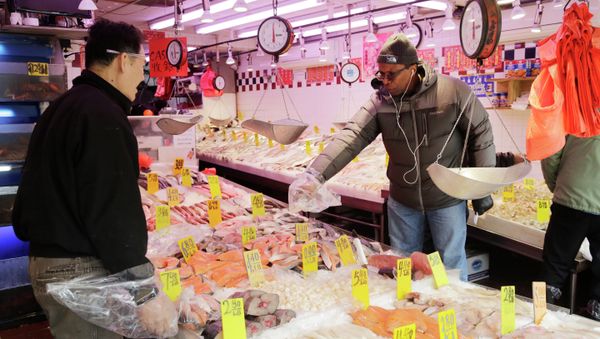 A customer selects seafood at Hung Kee Fish & Meat Food Market in New York. - Sputnik International