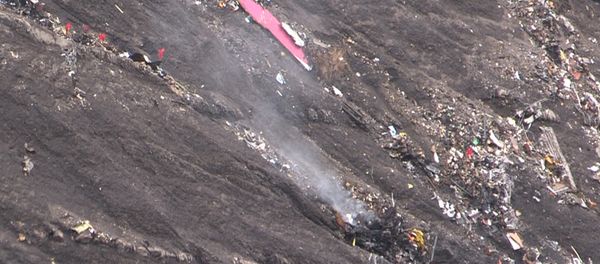 A screen grab taken from an AFP TV video on March 24, 2015 shows smoke billowing from scattered debris of the Germanwings Airbus A320 at the crash site in the French Alps above the southeastern town of Seyne. - Sputnik International
