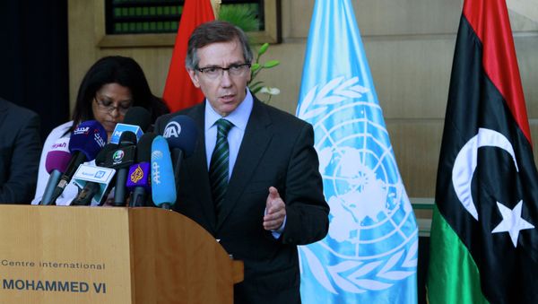 Bernardino Leon gestures as he addresses reporters after the latest round of talks between rival Libyan governments in Skhirat, Morocco, on Thursday March 26, 2015 Bernardino Leon gestures as he addresses reporters after the latest round of talks between rival Libyan governments in Skhirat, Morocco, on Thursday March 26, 2015 - Sputnik International