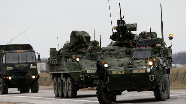 Stryker vehicles of the US Army’s 2nd Cavalry Regiment roll down the way during the ''Dragoon Ride'' military exercise in Salociai some 178 kms (110 miles) north of the capital Vilnius, Lithuania, Monday, March 23, 2015 Stryker vehicles of the US Army’s 2nd Cavalry Regiment roll down the way during the ''Dragoon Ride'' military exercise in Salociai some 178 kms (110 miles) north of the capital Vilnius, Lithuania, Monday, March 23, 2015 - Sputnik International