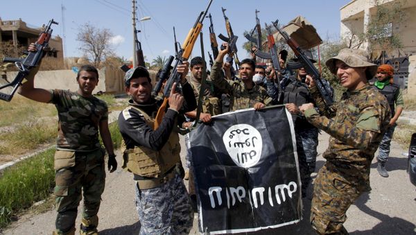 Iraqi security forces and Shi'ite paramilitary fighters hold an Islamist State flag, which they pulled down in Tikrit, March 31, 2015. Iraqi security forces and Shi'ite paramilitary fighters hold an Islamist State flag, which they pulled down in Tikrit, March 31, 2015. - Sputnik International