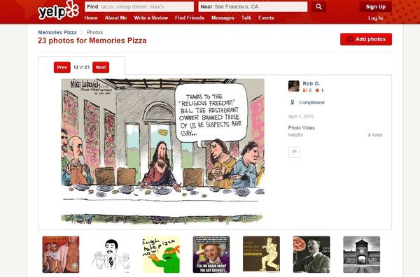 The Memories Pizza Yelp page has been inundated with comments - some satirical, some serious. I have an allergy to intolerance, and unfortunately, this pizza place does NOT cater to those with intolerance allergies wrote one commenter. The Memories Pizza Yelp page has been inundated with comments - some satirical, some serious. I have an allergy to intolerance, and unfortunately, this pizza place does NOT cater to those with intolerance allergies wrote one commenter. - Sputnik International
