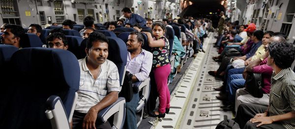 Indians evacuated from Yemen sit inside the Indian Air Force C17 Globemaster aircraft upon their arrival at Chhatrapati Shivaji International Airport in Mumbai, India, Thursday, April 2, 2015 Indians evacuated from Yemen sit inside the Indian Air Force C17 Globemaster aircraft upon their arrival at Chhatrapati Shivaji International Airport in Mumbai, India, Thursday, April 2, 2015 - Sputnik International