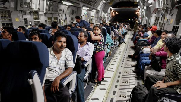 Indians evacuated from Yemen sit inside the Indian Air Force C17 Globemaster aircraft upon their arrival at Chhatrapati Shivaji International Airport in Mumbai, India, Thursday, April 2, 2015 Indians evacuated from Yemen sit inside the Indian Air Force C17 Globemaster aircraft upon their arrival at Chhatrapati Shivaji International Airport in Mumbai, India, Thursday, April 2, 2015 - Sputnik International