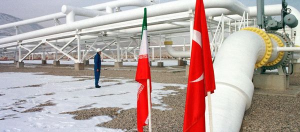 An Iranian worker stands in front of gas pipelines next to the flags of Turkey (R) and Iran - Sputnik International