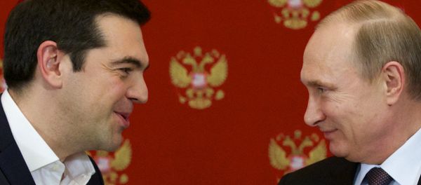 Russian President Vladimir Putin, right, and Greek Prime Minister Alexis Tsipras speak during a signing ceremony in the Kremlin Russian President Vladimir Putin, right, and Greek Prime Minister Alexis Tsipras speak during a signing ceremony in the Kremlin - Sputnik International