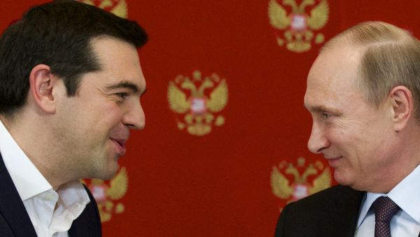 Russian President Vladimir Putin, right, and Greek Prime Minister Alexis Tsipras speak during a signing ceremony in the Kremlin Russian President Vladimir Putin, right, and Greek Prime Minister Alexis Tsipras speak during a signing ceremony in the Kremlin - Sputnik International