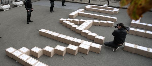 Boxes containing signatures of Ukrainian people in support of the referendum on Ukraine's accession to the NATO system of collective security, outside the President's Administration building. Boxes containing signatures of Ukrainian people in support of the referendum on Ukraine's accession to the NATO system of collective security, outside the President's Administration building. - Sputnik International