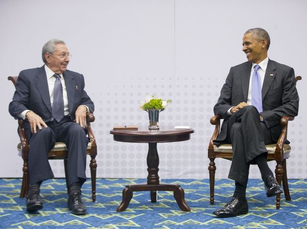 US President Barack Obama, right, smiles as he looks over towards Cuban President Raul Castro, left, during their meeting at the Summit of the Americas in Panama City US President Barack Obama, right, smiles as he looks over towards Cuban President Raul Castro, left, during their meeting at the Summit of the Americas in Panama City - Sputnik International